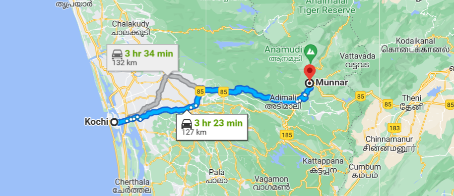 Kochi to Munnar Distance Google Maps